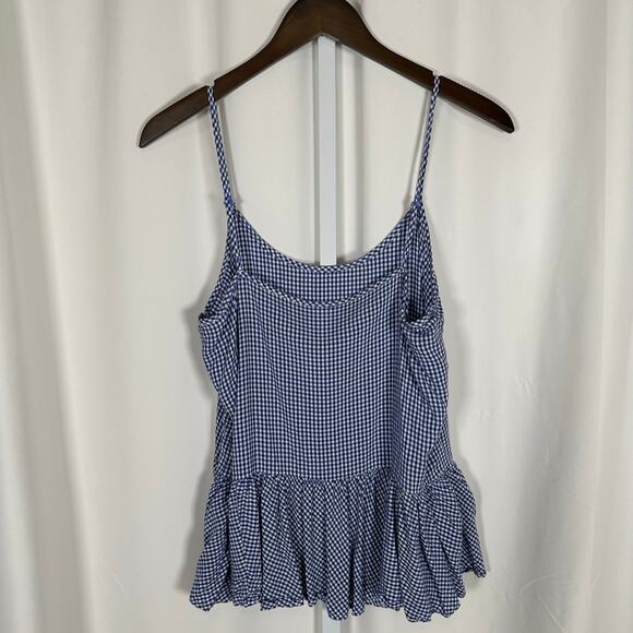 Old Navy Blue Gingham Check Adjustable Strap Ruffle Top L Classic‎ Preppy Beach - Picture 3 of 10